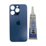 indirimplus iPhone 15 Pro Max Arka Kapak Pil Kapağı Cam Ürün MAVİ TİTANYUM RENK+Yapıştırıcı