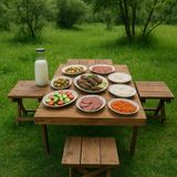 Industrial Living 4 Tabureli Katlanır Masa Takımı Ceviz Ahşap Metal Malzeme ile Bahçe ve Piknik İçin Kullanışlı