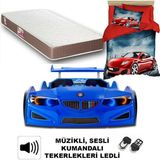 İnegöl'den Eve Bmw - Full - Arabalı Yatak Araba Karyola - Ortapedik Yatak + 3D Nevresim - Mavi - 207 x 105 cm