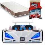 İnegöl'den Eve Bugattı - Full - Arabalı Yatak Araba Karyola - Ortapedik Yatak + 3D Nevresim - Beyaz - 207 x 105 cm