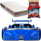İnegöl'den Eve Bugattı - Full - Arabalı Yatak Araba Karyola - Ortapedik Yatak + 3D Nevresim - Mavi - 207 x 105 cm