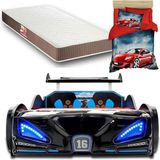 İnegöl'den Eve Bugattı - Full - Arabalı Yatak Araba Karyola - Ortapedik Yatak + 3D Nevresim - Siyah - 207 x 105 cm