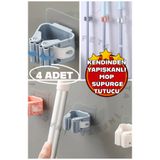 İnfeta 4 Adet Yapışkanlı Mop Fırça Sap Tutucu Banyo Mutfak Eşya Süpürge Mop Tutucu Organizer Askı