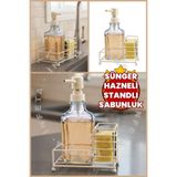 İnfeta Metal Standlı Sünger Hazneli 500 ml Cam Sıvı Sabunluk & Deterjanlık -Tezgah Üstü Beyaz Metal Standlı Mutfak Sabunluk