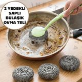 İnfeta Saplı Ovma Teli Seti 3 Tel Başlık+Saplı Kolay Kullanım Bulaşık Teli (Karışık Renk)