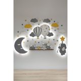 İnfigo Concept Balon Ay Ve Fil Üçlü Set - Işıklı Ahşap Bebek Kapı Ve Duvar Süsü - Sarı-gri