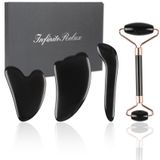 InfiniteRelax Siyah Obsidiyen Gua Sha Yüz Aletleri Seti 4- Doğal Yeşim Gua Sha Yüz Şekillendirme Araçları Yüz Rulo ve Gua Sha Aracı Yüz için, Çift Çene Jawline Fasya Selülit Sökücü ve Nokta Tedavisi Noel Hediyeleri