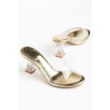 infon shoes creation S-619 Gold Cilt Şeffaf Bantlı Şeffaf Topuklu Yuvarlak Burunlu Kadın Terlik