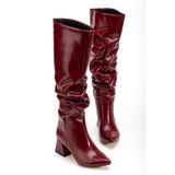 infon shoes creation SYT-2002 Bordo Kırışık Rugan Körüklü Kalın Topuklu Günlük Çizme
