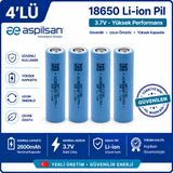 İnfostar Aspilsan 18650 2600mAh 3.7V Li-ion Şarjlı Pil 4'lü Paket | INR18650A28 Orijinal Lityum İyon Batarya | Yerli Üretim