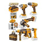 Ingco P20S 20V Akülü 5'li Kombo Takım Seti - Kırıcı Delici Hilti, Avuç Taşlama, Matkap, Somun Sıkma, LED Fener - Çift 4.0Ah Akü, Şarj Cihazı