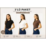 İngegno Body Bisiklet Yaka Yarım Kol Örme Kumaş Viskon Body Kadın 3 Lü Paket - Kahve - Beyaz - 3XL