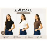 İngegno Body Bisiklet Yaka Yarım Kol Örme Kumaş Viskon Body Kadın 3 Lü Paket - Kahve - Beyaz - 4XL