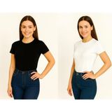 İngegno Body Bisiklet Yaka Yarım Kol Örme Kumaş Viskon Body Kadın - Siyah - Beyaz - XL - 2XL