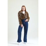 Ingiliz Yaka Crop Kürk Ceket - Leopar - 48