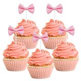 INNORU 18'li Paket Fiyonk Düğümlü Cupcake Süsleri - Fiyonk Noktalı Pasta Süsleri - Düğün Partisi Dekoru - Çocuk Doğum Günü Bebek Partisi Parti Dekorasyonları - Pembe