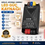 İnoled 1202 - 5A 60W 12V LED Güç Kaynağı | Kısa Devre Korumalı Adaptör | Şerit LED Trafo | 220V Ac – 12V Dc Dönüştürücü | Yüksek Verimli, Güvenli, Uzun Ömürlü LED Trafo - 0 - Siyah