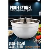 Inox Ölçekli Derin Kase - 24 Cm 2 Litre Karıştırma Kabı Profesyonel 304 Paslanmaz Çelik