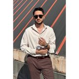 İnpool Erkek, Nakış Detaylı, Regular-Fit, Kışlık-Baharlık, Ince Fitilli Kadife Gömlek G16 - S - Ekru