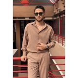 İnpool Erkek, Nakış Detaylı, Regular-Fit, Kışlık-Baharlık, Ince Fitilli Kadife Gömlek G16 - S - Vizon