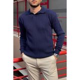İnpool Erkek, Old Money Culture, Çizgi Görünümlü, Polo Yaka, Triko Kazak PLTK10 - Lacivert - XL