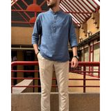 İnpool Erkek, Regular Fit, Hakim Yaka, Pamuklu, Keten Görünümlü Gömlek 24INPG07 - İndigo - 2XL