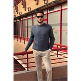 İnpool Erkek, Saç Örgü, Bisiklet Yaka, Yünlü, Old Money Culture, Kazak PLTK12 - İndigo