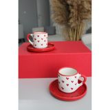 Inspire Ceramic Kalp Desenli 2 Kişilik Fincan Takımı - Beyaz - Kırmızı - 100 - 200 ml