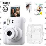 Instax Mini 12 Beyaz 20'li Film Kıskaçlı Resim Standı Simli Pleksi Kılıf ve Fotoğraf Makinesi Seti