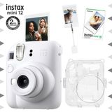 Instax Mini 12 Beyaz Fotoğraf Makinesi 10'lu Film Kıskaçlı Resim Standı ve Simli Pleksi Kılıf Seti
