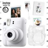 Instax mini 12 Beyaz Fotoğraf Makinesi-10'lu Film-Kıskaçlı Stand-PVC Albüm ve Simli Pleksi Kılıf Set