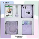 Instax mini 12 Lila Fotoğraf Makinesi 10'lu Film Simli Pleksi Kılıf Mandal ve Kıskaçlı Resim Standı Bundle Box