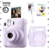 Instax mini 12 Lila Fotoğraf Makinesi-20'li Film-Kıskaçlı Resim Standı ve Simli Pleksi Kılıf Seti