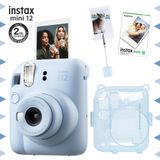 Instax Mini 12 Mavi Fotoğraf Makinesi 10'lu Film Kıskaçlı Resim Standı ve Simli Pleksi Kılıf Seti