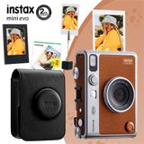 Instax Mini Evo Kahverengi Fotoğraf Makinesi 20li Film Siyah Deri Kılıf Çerçeve ve Kıskaçlı Stand