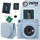 Instax SQ1 Buz Mavi 10'lu Kare Film Deri Kılıf Pleksi Çerçeve Kıskaçlı Stand ve Fotoğraf Makinesi