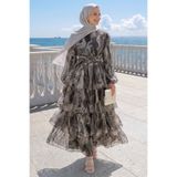 InStyle Bohem Desen Katlı Kuşaklı Gri Elbise