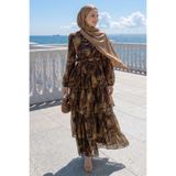 InStyle Bohem Desen Katlı Kuşaklı Kahverengi Elbise