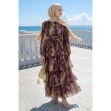 InStyle Bohem Desen Katlı Kuşaklı Mürdüm Elbise