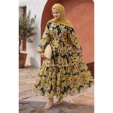 InStyle Çiçek Desen Bağcıklı Siyah-Sarı Elbise