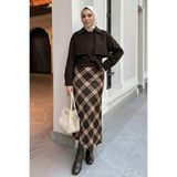 InStyle Ekose Desenli Acı Kahve Saten Etek