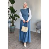 InStyle Frida Omuzu Fırfırlı Kot Jile Elbise - Mavi