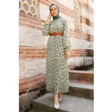 InStyle Kemerli Piliseli 2015 Şifon Tesettür Elbise - Haki