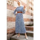 InStyle Kemerli Piliseli 2015 Şifon Tesettür Elbise - Indigo