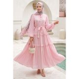 InStyle Kırışık Desen Bağcıklı Pembe Elbise