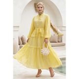InStyle Kırışık Desen Bağcıklı Sarı Elbise