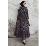 InStyle Nessa Çiçekli Kuşaklı Şifon Elbise - Siyah