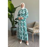 InStyle Palmiye Desen Mint Yeşili Viskon Elbise