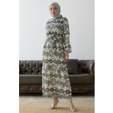 InStyle Piliseli Şal Desen Şifon Elbise - Gri