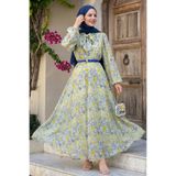 InStyle Soft Desen Yakası Kuşaklı Yeşil Şifon Elbise